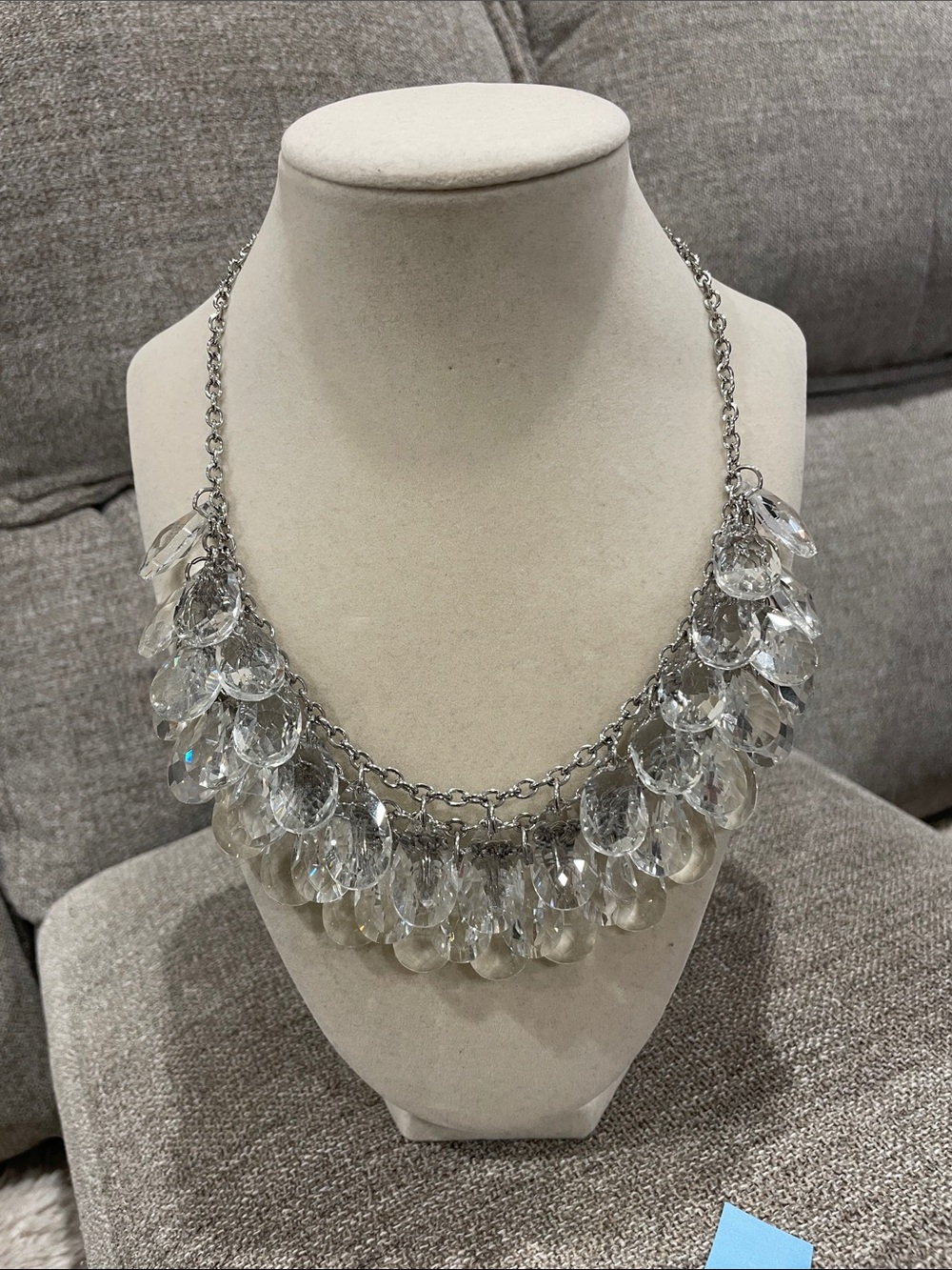 Silver-Tone Necklace with Clear Crystal Teardrops